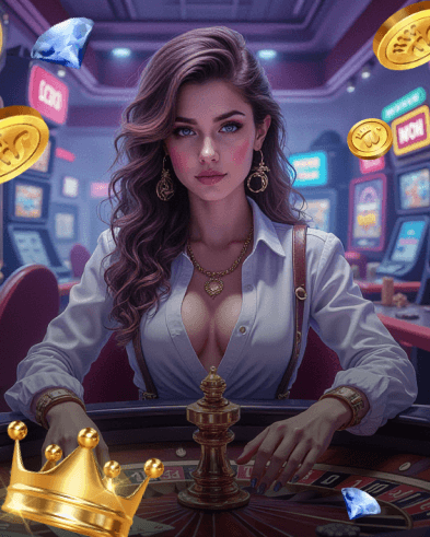 Casino host surrounded by gold coins and gems