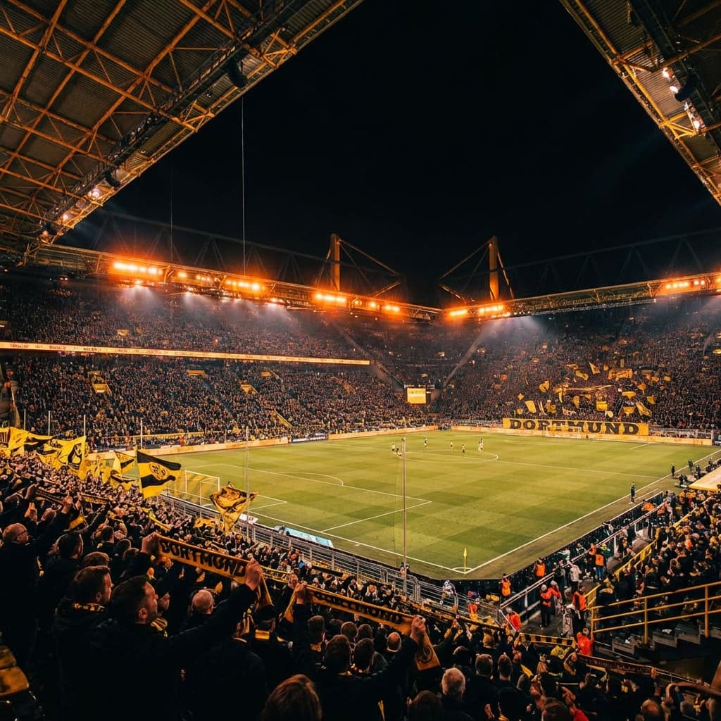 Modern German football stadium with orange lights