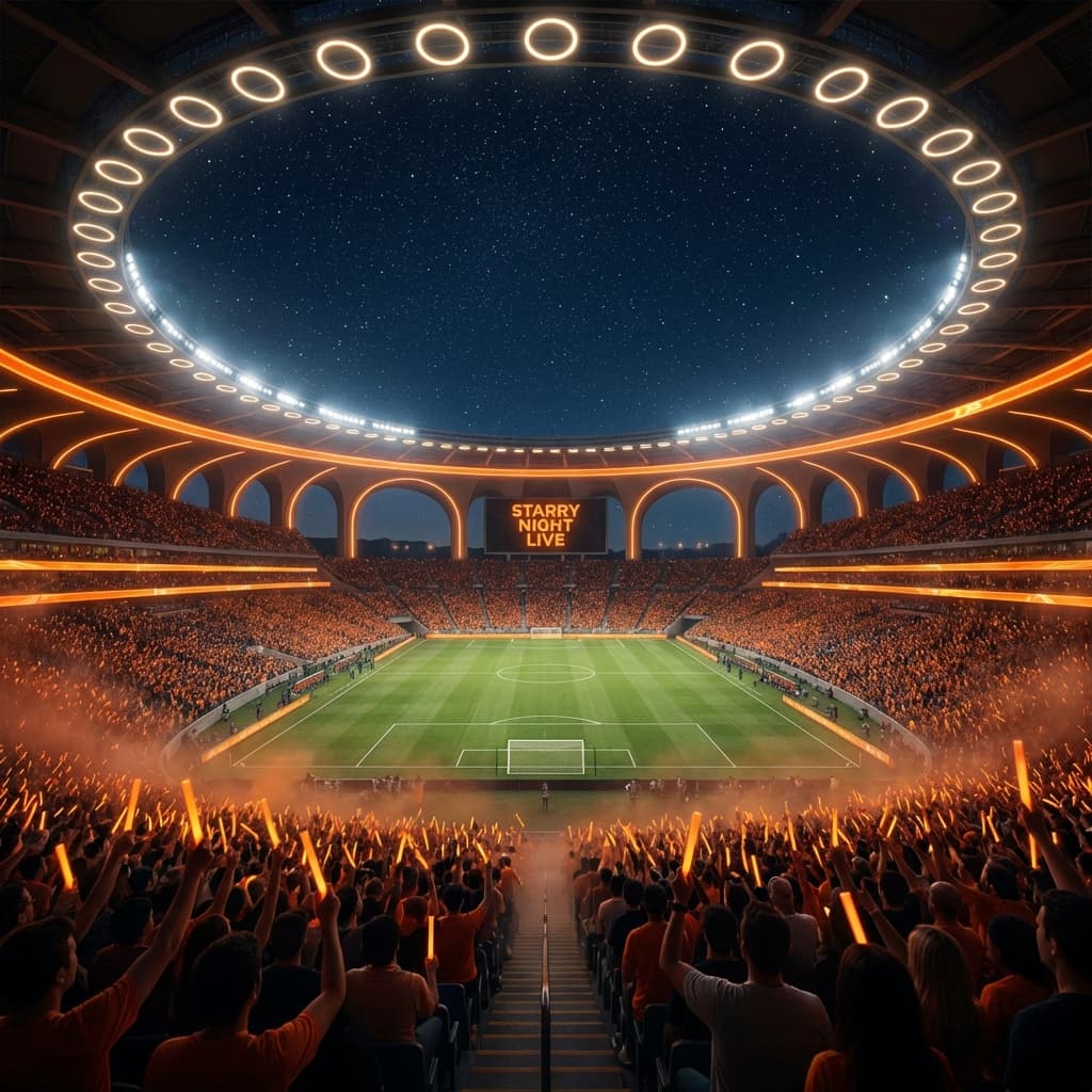 Starry night stadium scene with glowing circular lights and orange highlights