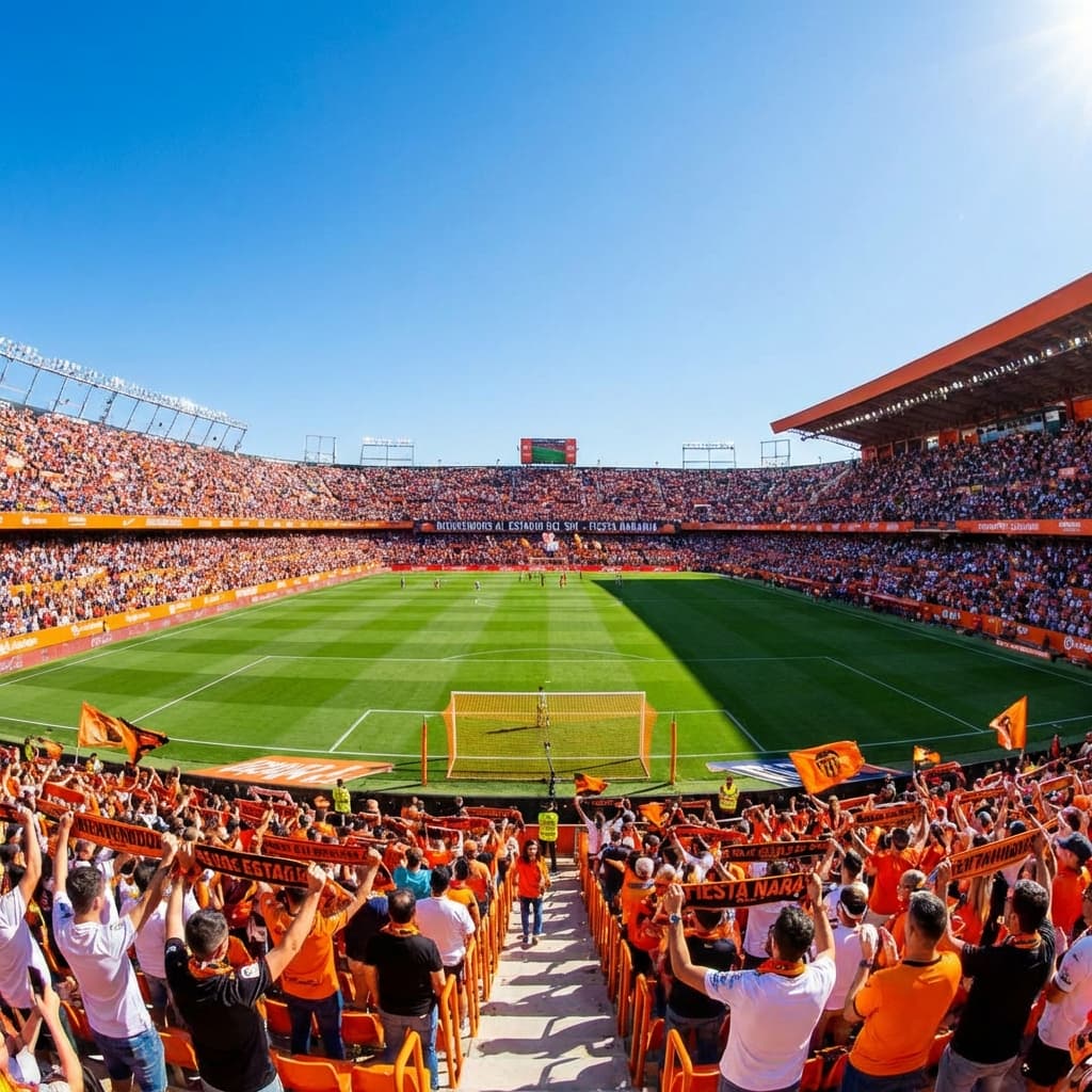 Sunny Spanish football stadium with orange accents